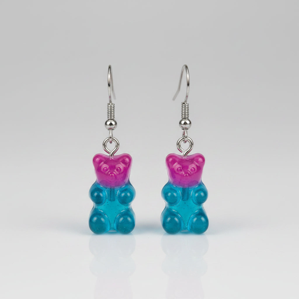 Oorbel gummibeer roze-donkerblauw transparant
