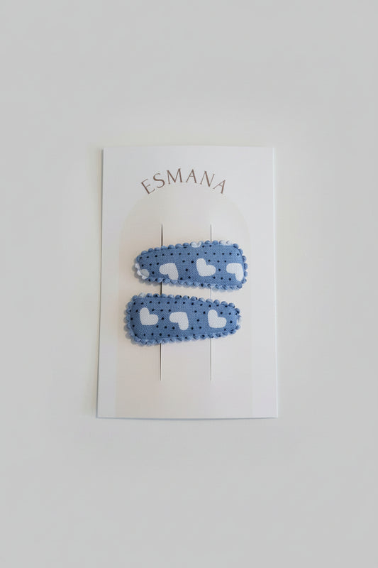 Baby haarspeldjes blauw met witte hartjes